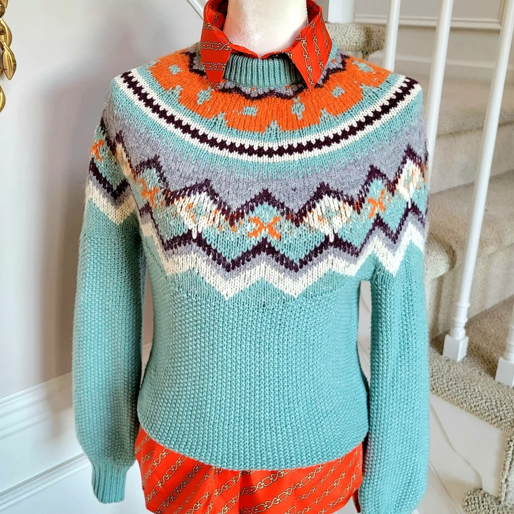New! J Crew sz XS X-Small Zigzag Fair Isle Warm Aqua Blue Sweater NWT